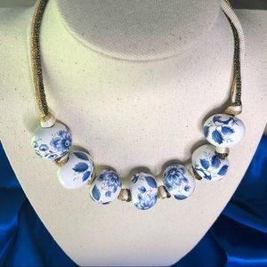Vintage Blue and White Floral Porcelain Bead Choker